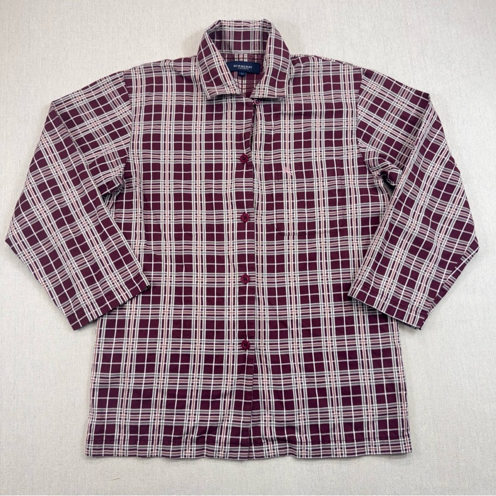 Burberry London Womens Medium Burgundy Plaid 3/4 Sleeve Button Shirt